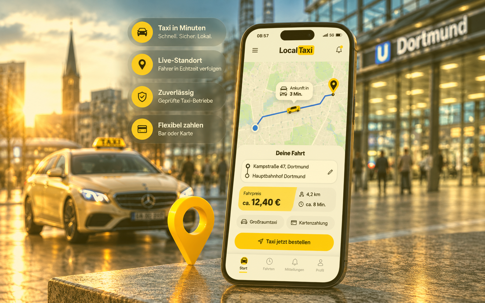 LocalTaxi Bestell-App mit Live-Karte und Festpreis