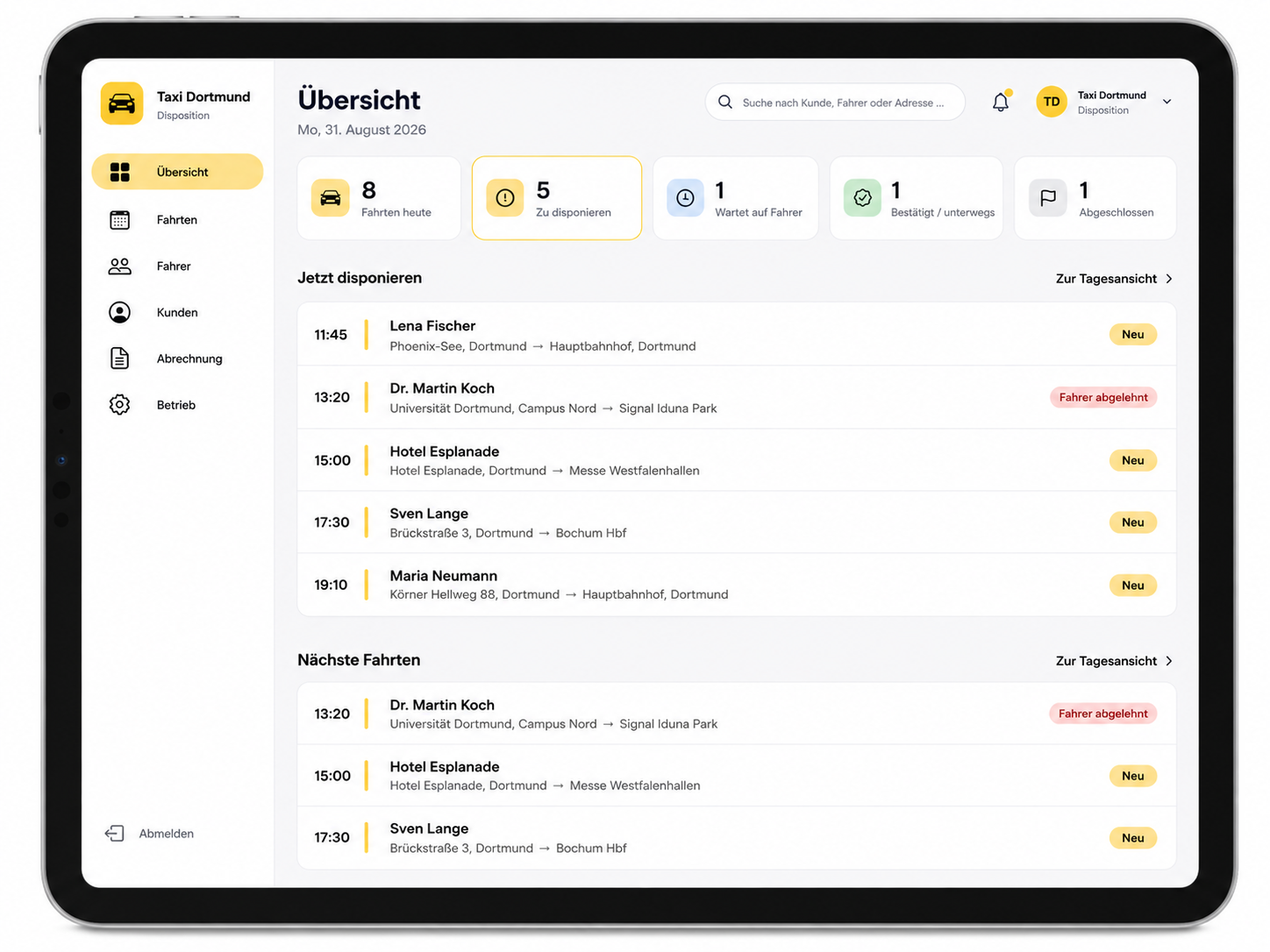 Disponenten-App in der Tablet-Ansicht